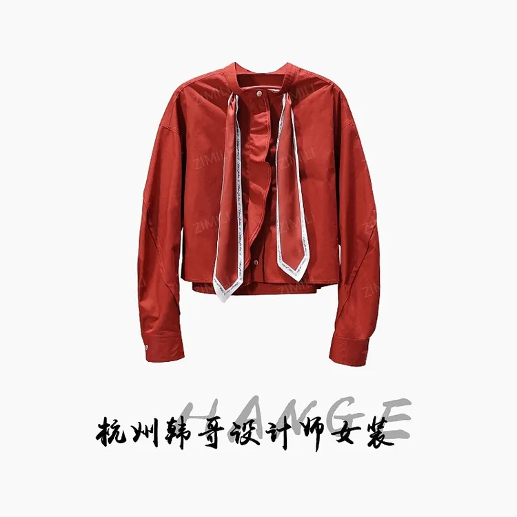 【韩哥女装】2025秋冬新品朱砂红亨利领丝巾弯刀袖欧版衬衫9917-Z4