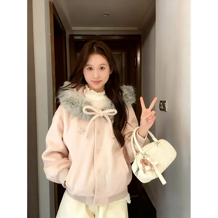 粉色毛领拼接连帽毛呢外套女秋冬宽松蝴蝶结温柔甜美夹棉保暖呢子