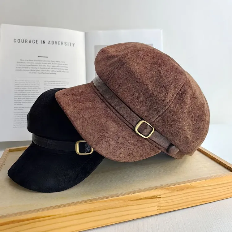 复古麂皮绒报童帽女秋冬保暖皮带装饰显脸小高级感鸭舌蓓蕾八角帽