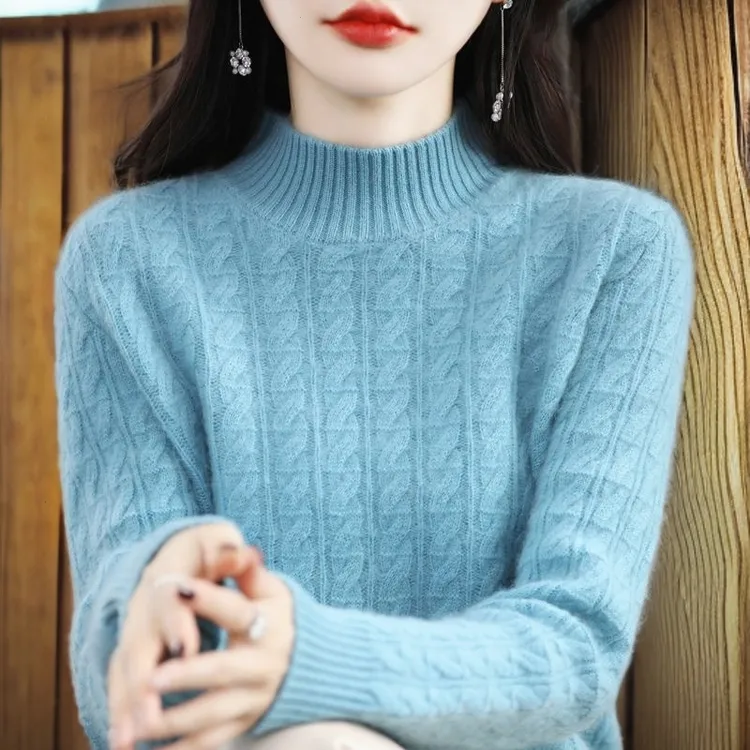 羊绒衫女加厚保暖半高领新款麻花纯色套头宽松显瘦百搭针织毛衣