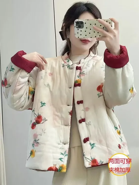 两面穿棉服女2025新款冬装中式棉袄女生夹棉加厚棉衣国风宽松外套