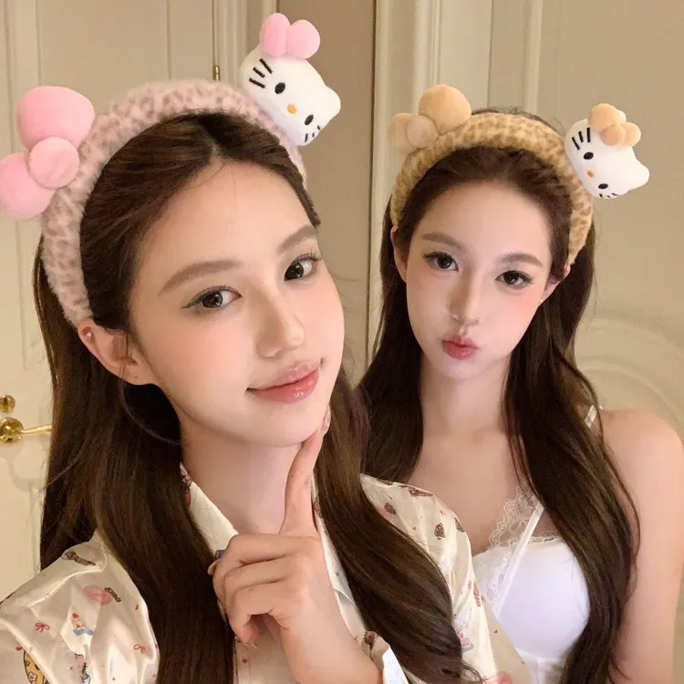萌趣姐妹 豹纹毛绒kitty猫发箍女洗脸专用可爱少女心化妆卡通头箍