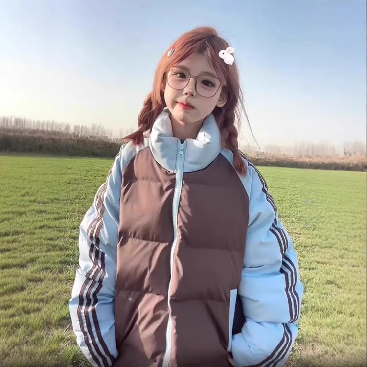 美式高街撞色拼接条纹棉服外套女冬季学生慵懒风学院风小个子