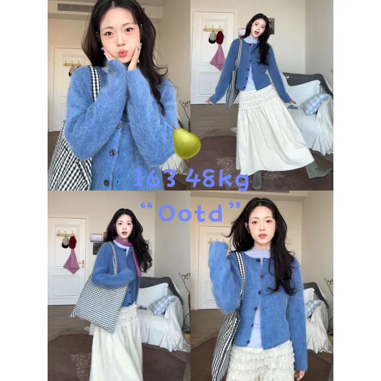 秋冬克莱因蓝气质复古毛衣百搭女小众时尚半身裙三件套装