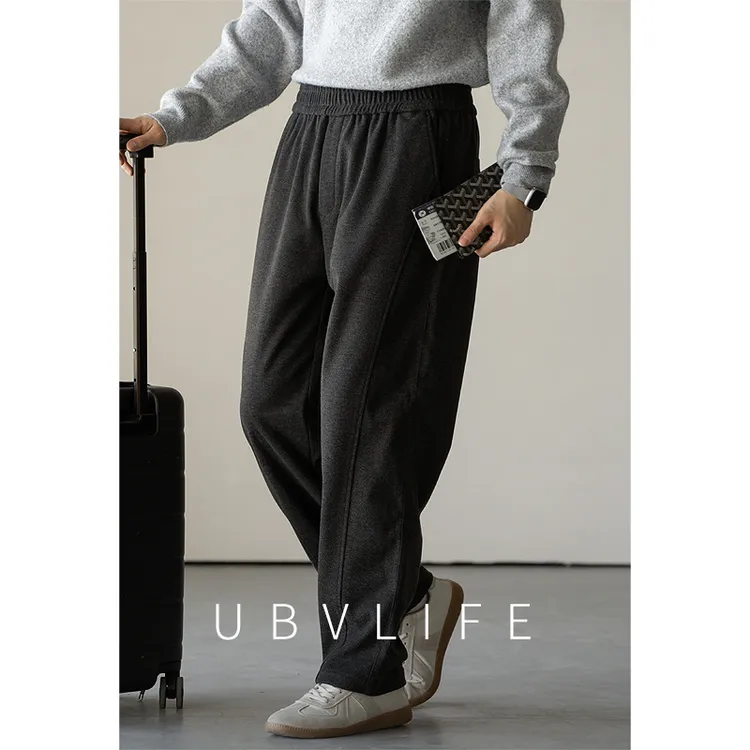 复古加厚保暖毛呢松紧腰直筒裤男2025秋冬挺括感纹理商务休闲卫裤