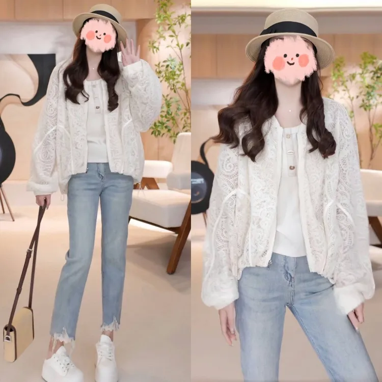 2025早春新款时尚高级感休闲减龄蕾丝外套背心牛仔裤三件套显瘦女