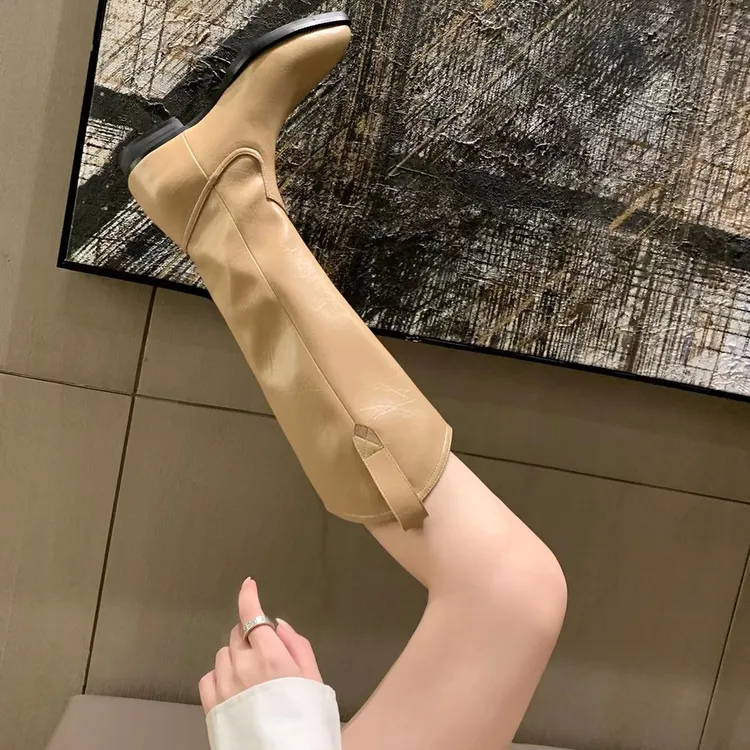 欧美v口不过膝西部高筒靴尖头真皮骑士中长筒靴女秋冬鞋子女