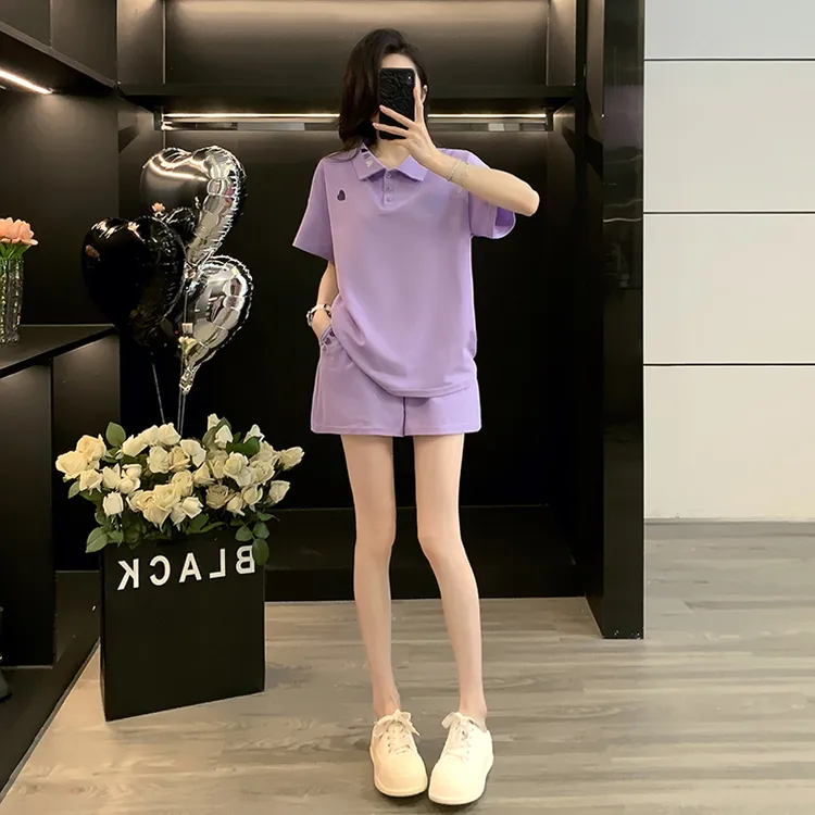 多巴胺紫色短袖运动套装女小个子休闲短裤炸街时尚宽松遮肉显瘦