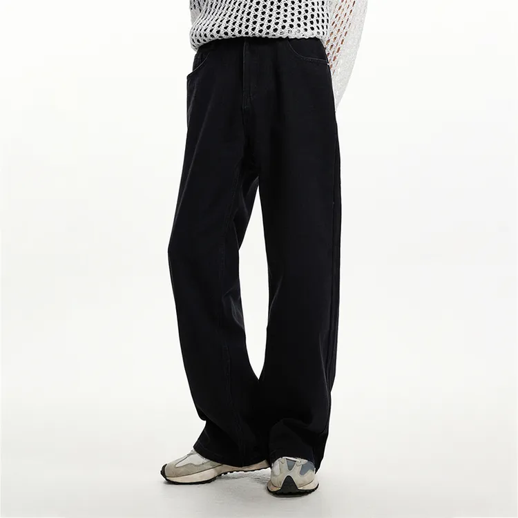 Voguo Relay基础白色黑色牛仔裤中腰韩版休闲百搭宽松直筒裤男女