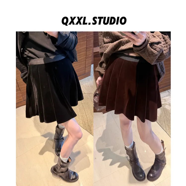 邱小小丽呀 秋季新款高级感丝绒百褶裙女显瘦百搭半身A字短裙