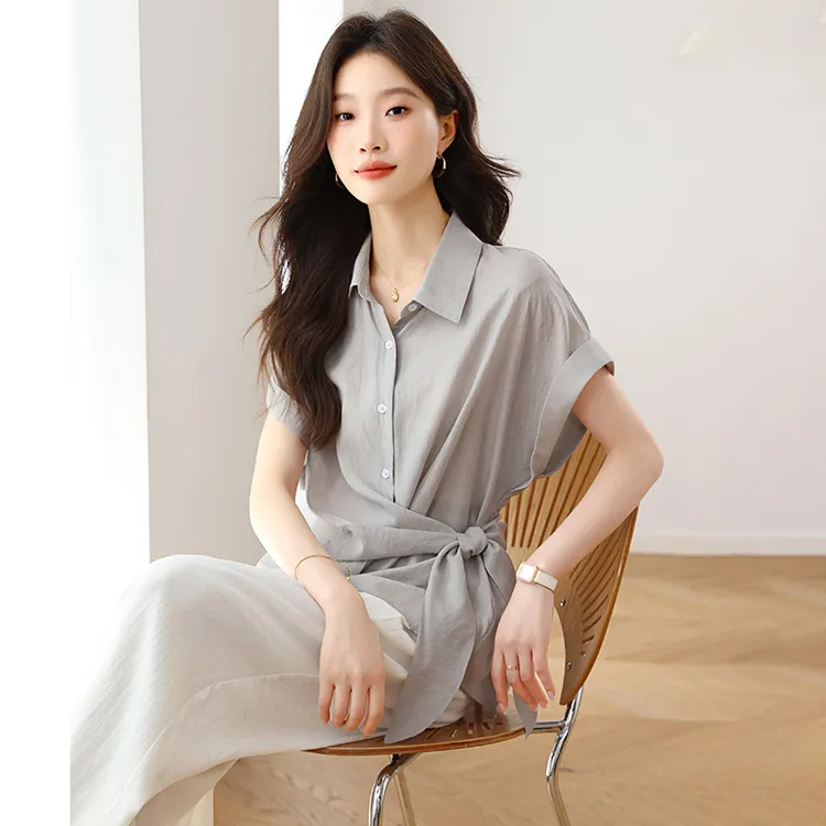 时尚套装女2025夏季新款韩版修身系带衬衫领短款阔腿裤两件套装潮
