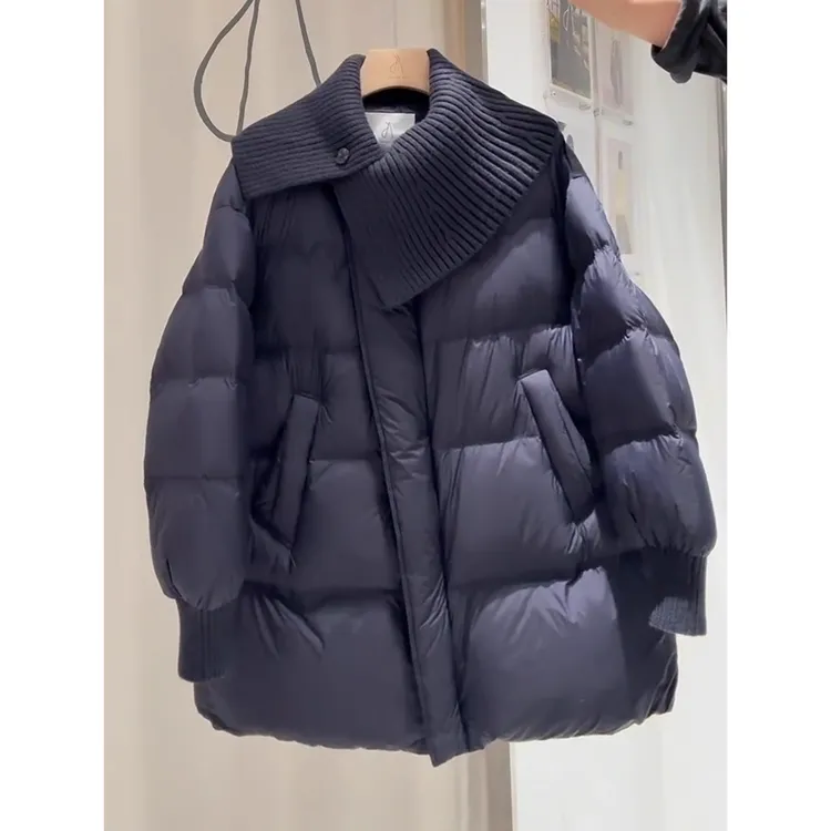 藏蓝色针织披肩泡芙设计感2025冬季新款气质中长保暖棉服棉衣外套