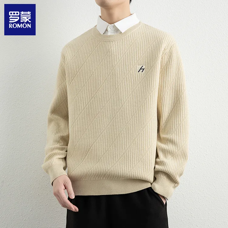 罗蒙2025秋季男士假两件纯色百搭商务休闲潮流保暖打底男士针织衫