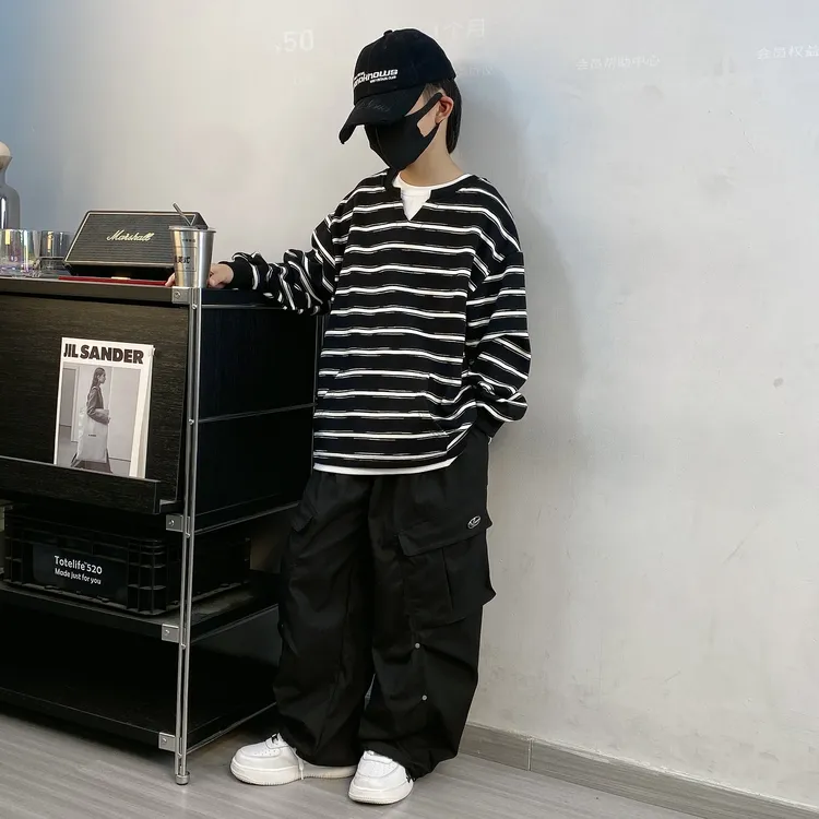 【嘟妈童装】男童秋季时尚条纹假两件卫衣儿童圆领百搭上衣7022