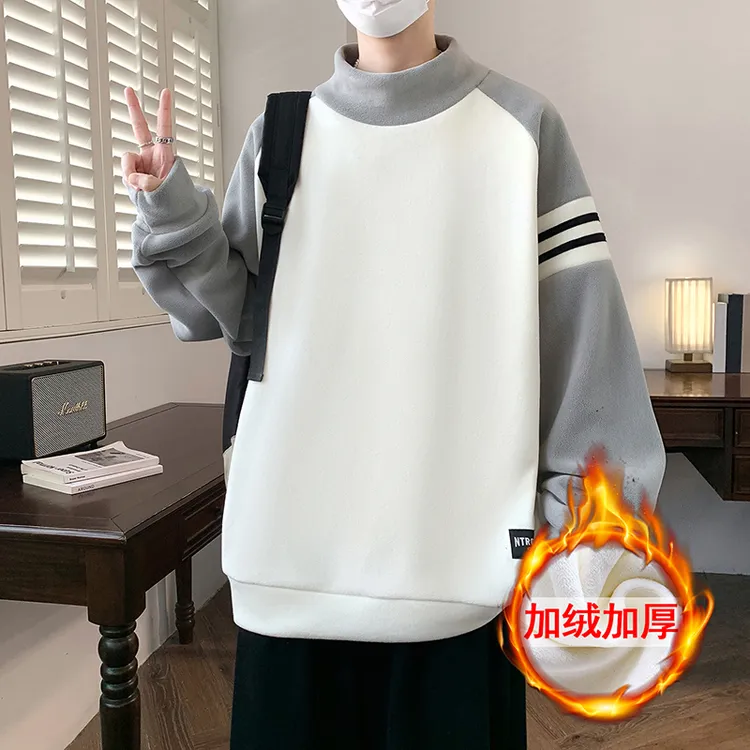 半高领奥粒绒男士卫衣冬季学院风百搭潮流加绒加厚学生打底上衣服