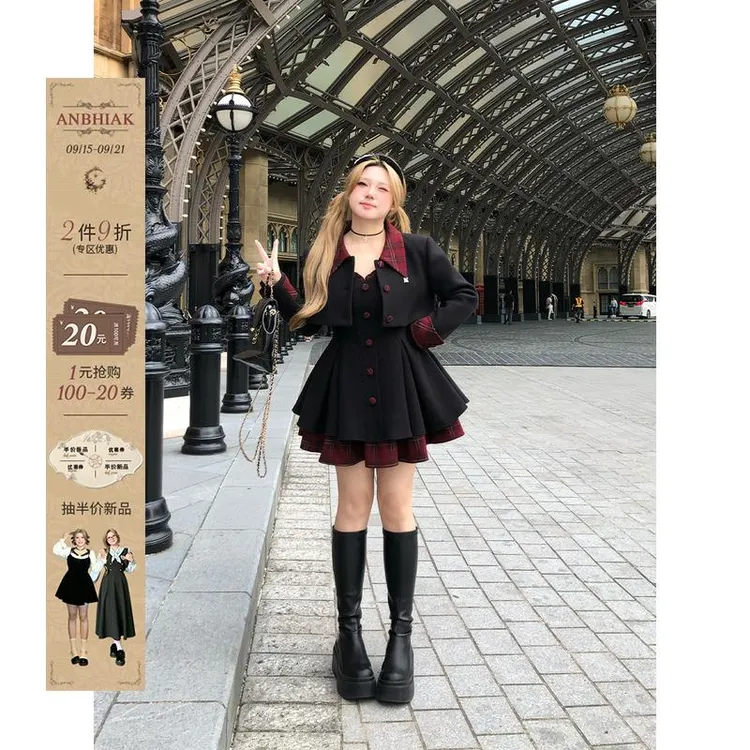 安妮不火 甜酷风呢子连衣裙套装女2025秋冬新款微胖大码两件套装