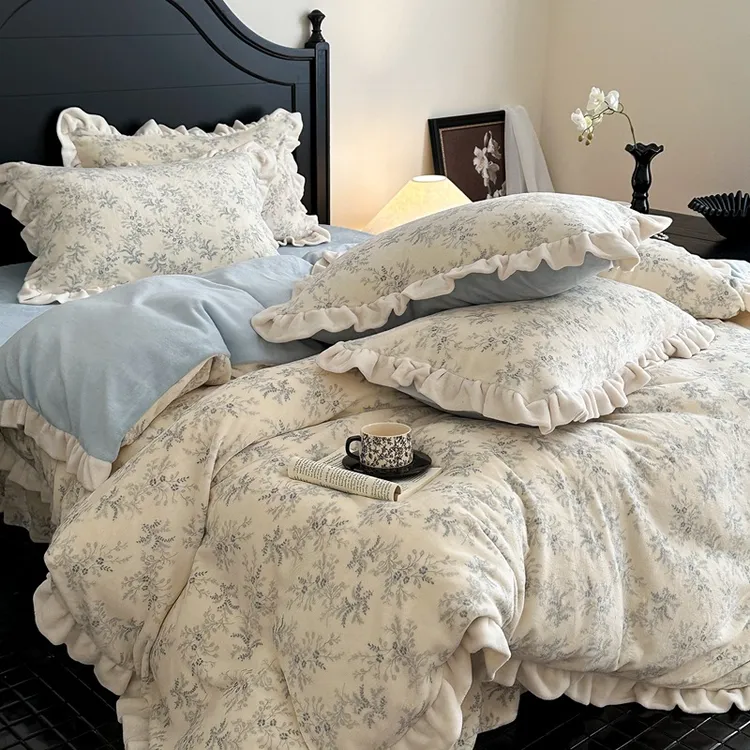 百丽丝家纺a类四件套加厚法式牛奶绒被套公主风花边印花碎花保暖
