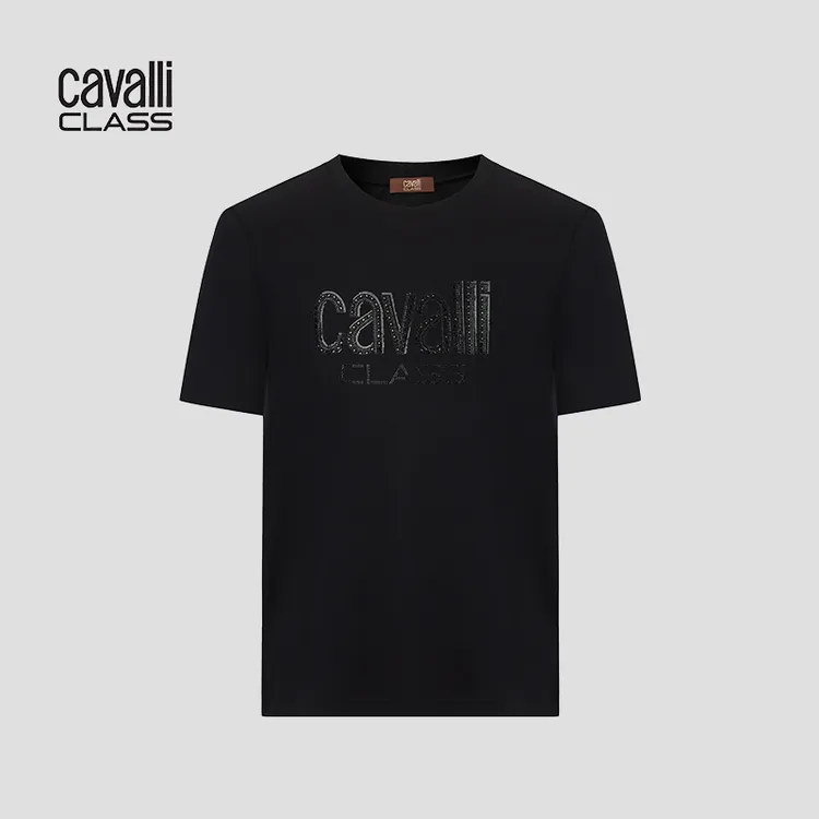 Cavalli Class26黑色男装短袖体恤T恤夏季圆领烫钻薄款短袖RWC439
