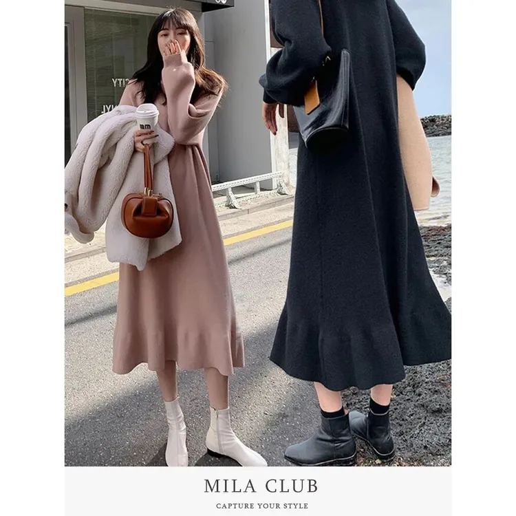 秋冬大码毛衣宽松遮肚子加厚内搭荷叶边裙长款鱼尾裙QYZZ9051