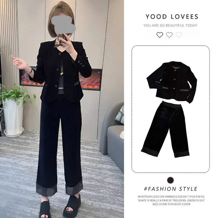 2025春秋新款撞色圆领长袖外套开衫上衣女拼接气质花边直筒裤套装