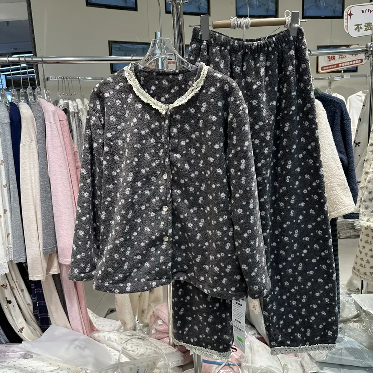 【美娜服饰】秋冬新款摇粒绒开衫圆领小碎花套装