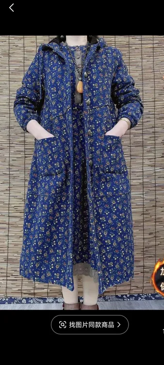 女士过年时尚小碎花自然腰身棉麻加绒气质连帽风衣