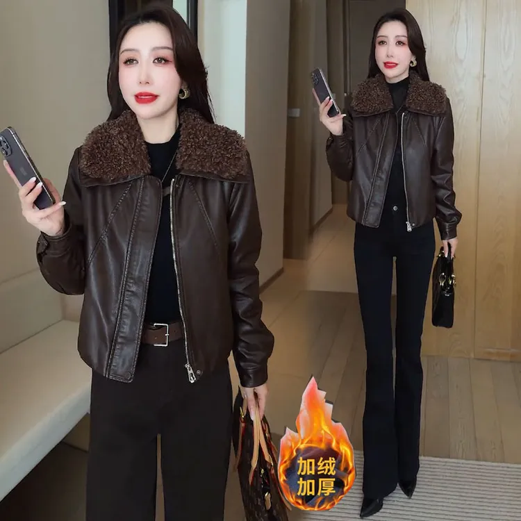 加绒加厚皮衣外套女2025冬季新款时髦洋气羊羔毛拼接翻领PU皮夹克