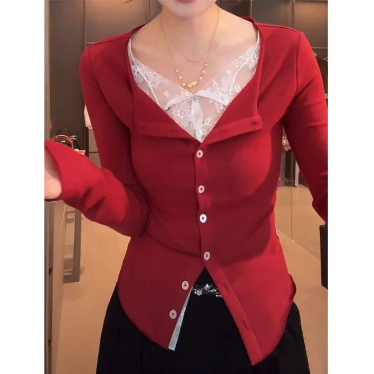 小众不撞款拼接假两件T恤女2025秋季新款设计时尚气质打底衫