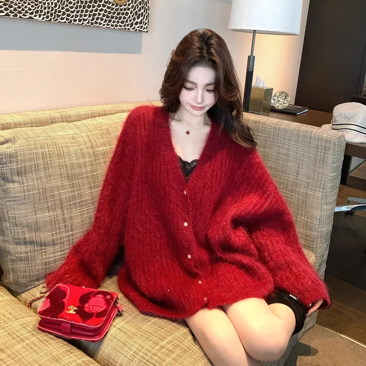 大码女装胖mm秋冬新款韩系慵懒风复古过年红色中长款宽松毛衣外套