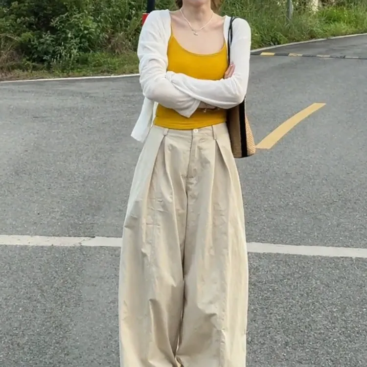 夏季慵懒风吊带长袖外套高腰阔腿裤时尚穿搭套装