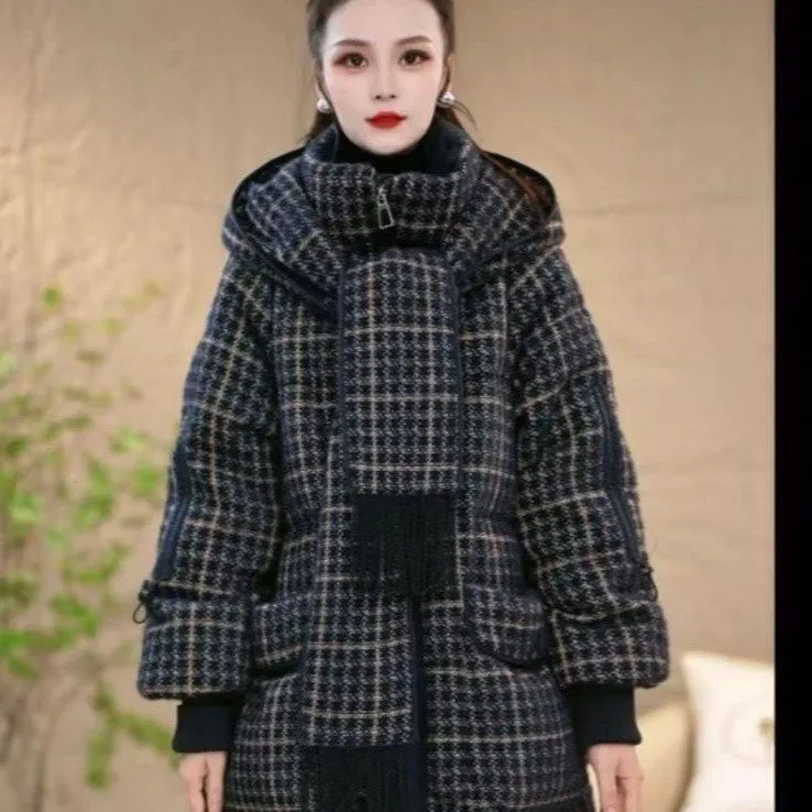 素娘冬季新款包袖常规格子连帽款带围巾中长款棉衣S28095M