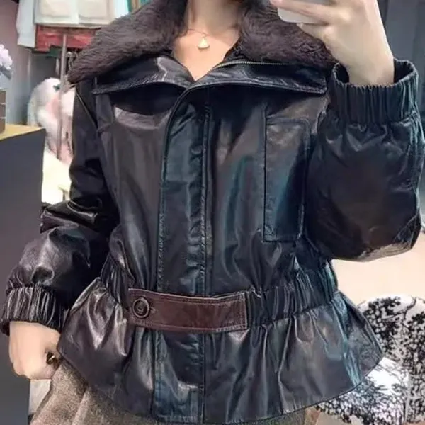 真皮皮衣鹅绒服外套港风复古毛领皮衣女短款收腰系带夹克外套黑色