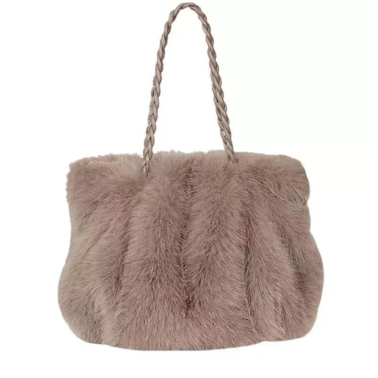 街头潮流托特包云朵斜挎包毛绒包单肩款卡其色轻奢