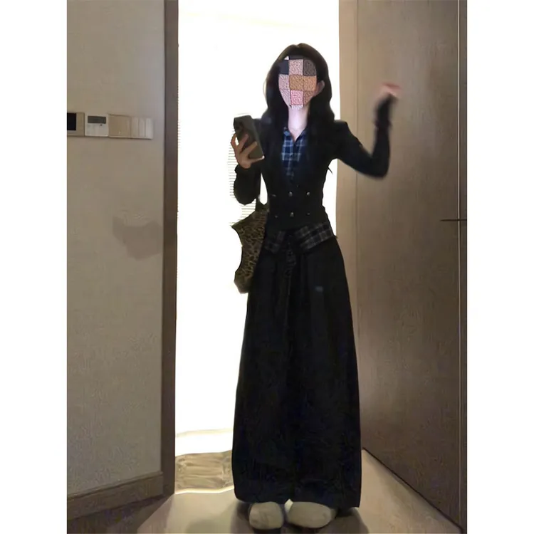 甜酷辣妹美式撞色格纹假两件卫衣外套女秋季显瘦百搭宽松阔腿裤