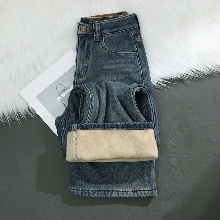 加绒阔腿牛仔裤女秋冬爆款2025新款加厚保暖女士休闲宽松直筒裤子