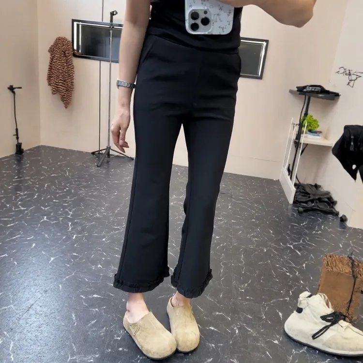 2025秋季新款气质花边休闲微喇裤大码女装高腰百搭九分直筒喇叭裤