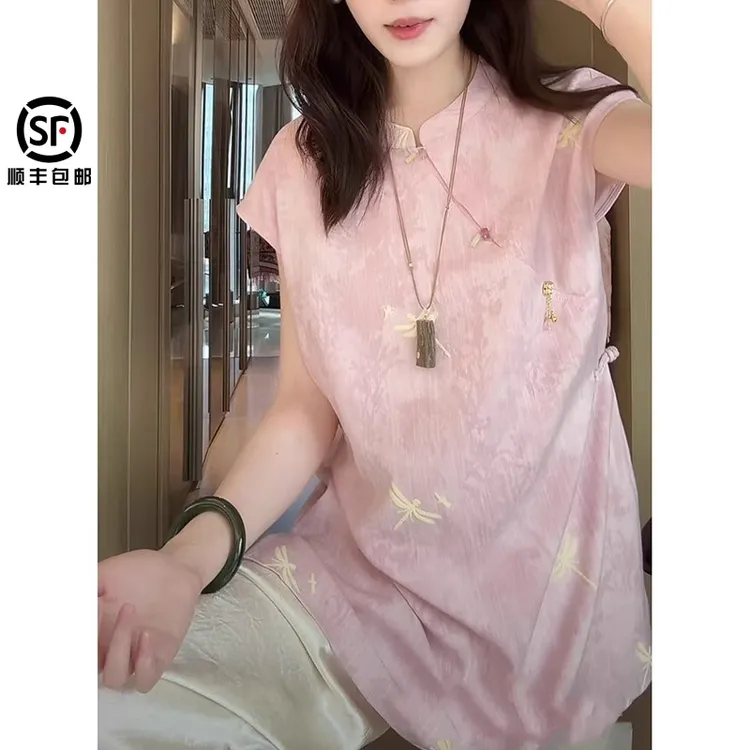 2025夏季新款提花蜻蜓圆领夏季新中式短袖衬衫复古风女装女士上衣