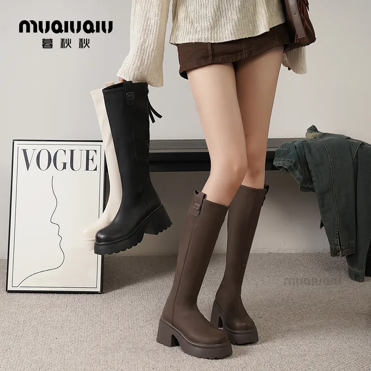 暮秋秋2025秋冬新款长筒靴不过膝厚底增高时装靴不掉筒百搭骑士靴