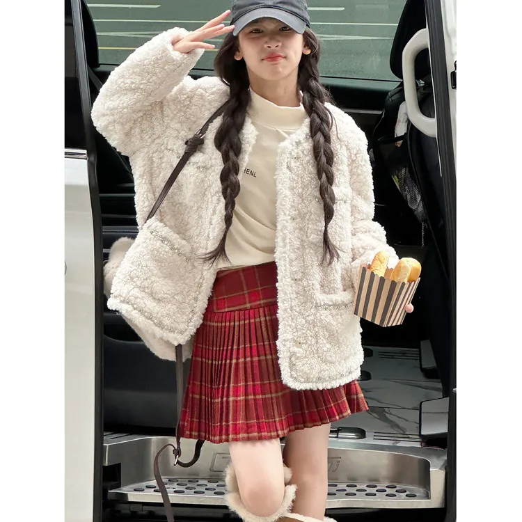 K29772孙小美韩系小香风女童外套2025新款秋冬装儿童加厚毛毛衣潮