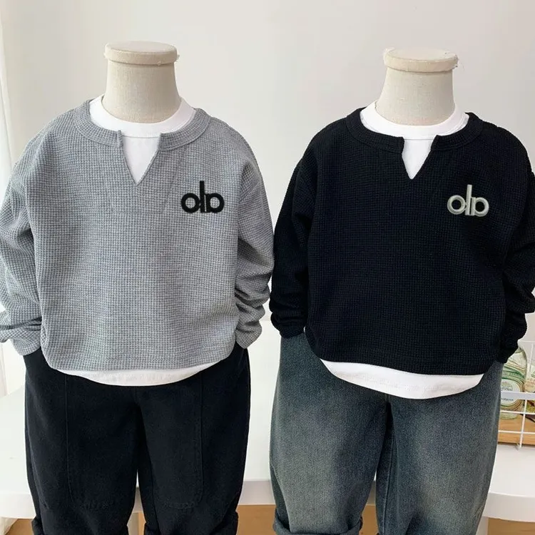 男女童套头T恤春季新品男女童假两件刺绣T恤宝宝V领打底衫韩版