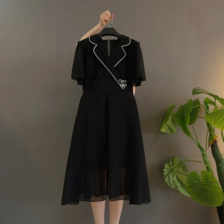 套头显瘦夏季西装领拼接高连衣裙收腰复古气质