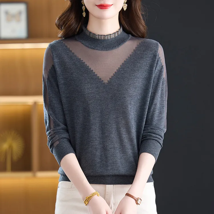 超细羊毛针织衫女上衣秋装2025年新款洋气妈妈蕾丝打底衫春秋薄款