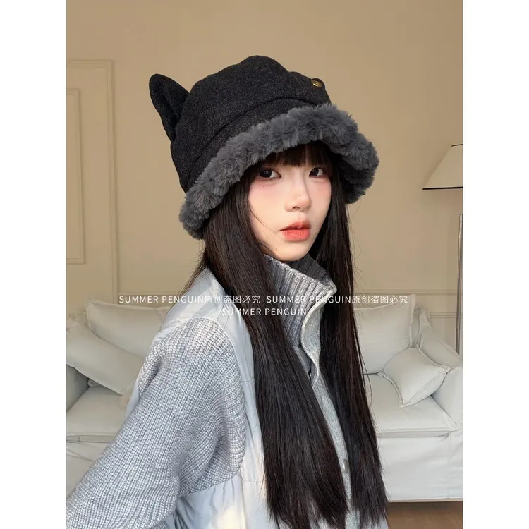 SUMMER PENGUIN日系复古猫耳朵毛绒渔夫帽女冬包头帽显脸小毛绒帽