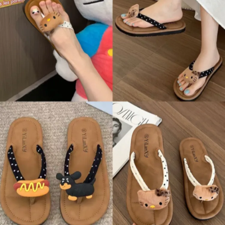 Kitty猫腊肠狗休闲人字拖豹纹平底舒适甜辣千金风居家外穿可沾水