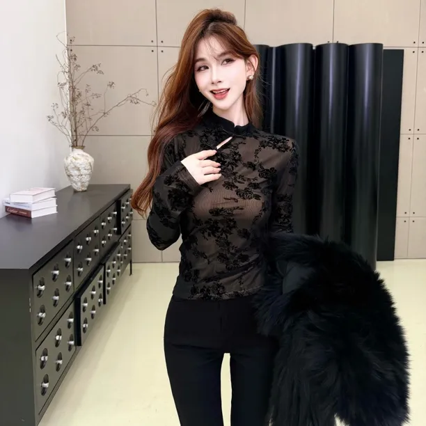【风情万种】新中式黑色重工植绒提花加绒加厚气质显瘦上衣