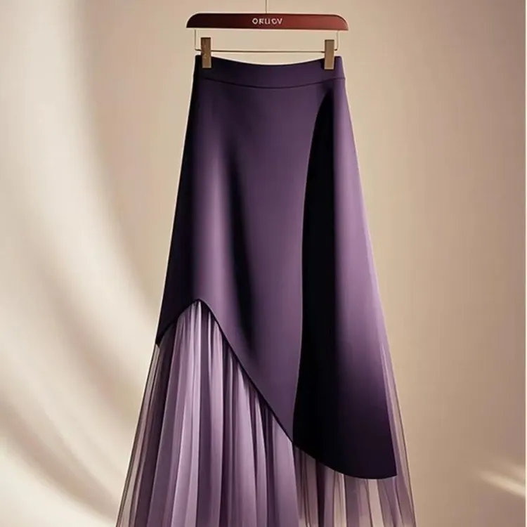 今年流行新款2025夏季高腰显瘦气质紫色网纱拼接时尚百褶半身裙