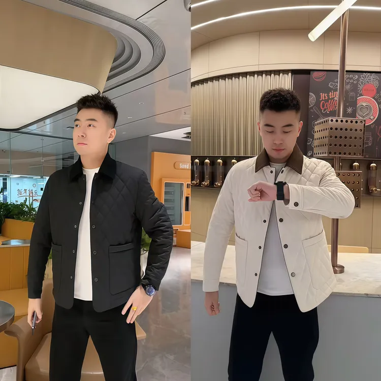 秋冬新款时尚翻领菱格棉衣外套男士商务百搭老钱风休闲夹克上衣