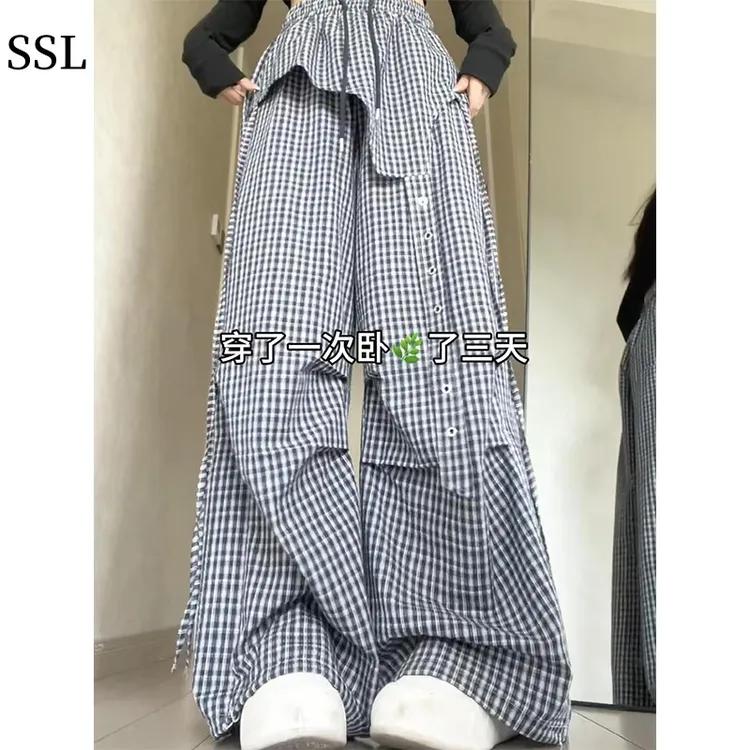 潮流屁帘格子工装裤女夏季2025新款高腰设计感休闲裤女显瘦阔腿裤