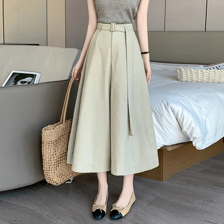卡其色时尚休闲裙裤女薄款2025春夏新款小个子高级感七分阔腿裤裙