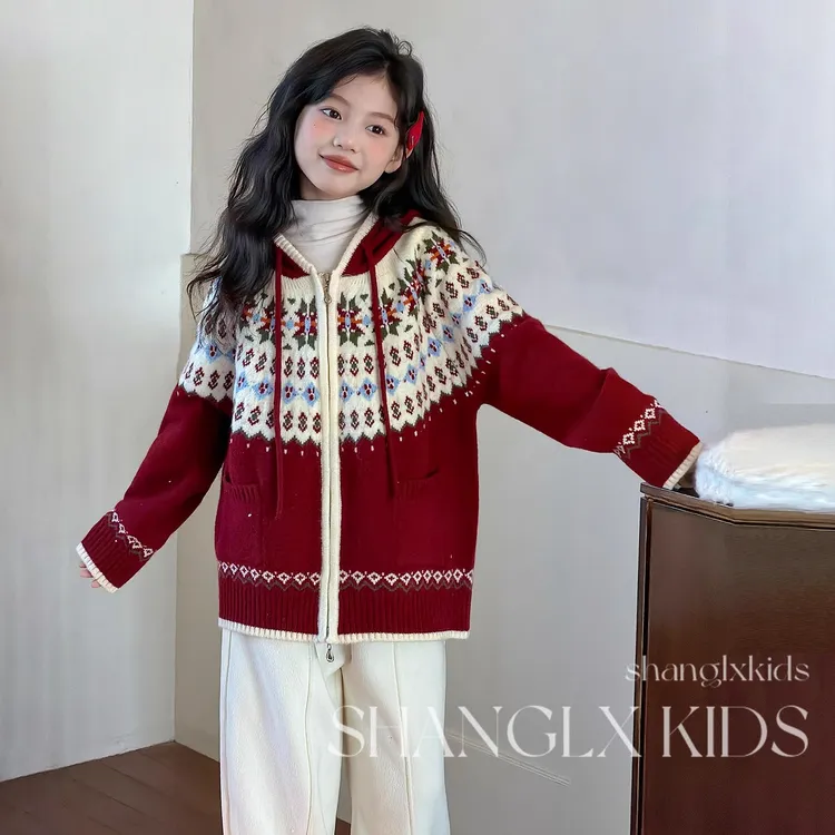 初中生高颜值毛衣女童圣诞节费尔岛针织开衫外套2025新款冬季洋气